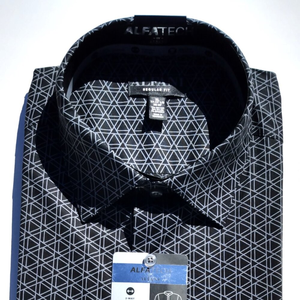 Alfatech by Alfani Regular Fit Stretch Tech Dress Shirt – Geometric Black – XL